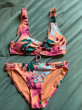 Roxy Pink Peach Teal Leaf-Print Bikini set